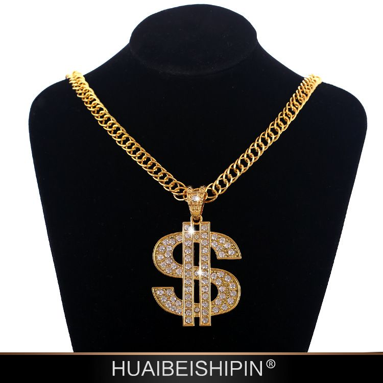 Hip Hop Jewelry Women Necklaces Crystal Diamond Diamante Dollar Coin Pendant Necklace Long Gold