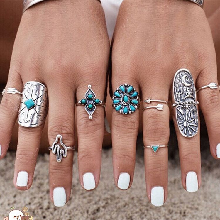 6pcs//set Nouveau Bohémien Vintage Femmes Géométrie turquoise Midi Knuckle Ring