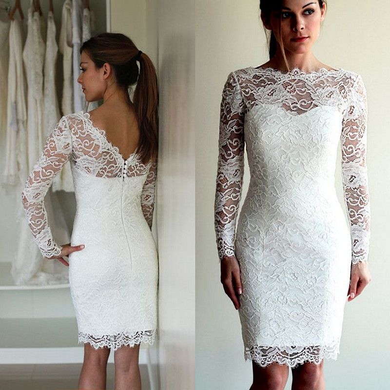 compre vestidos de novia cortos de encaje de la envoltura de la