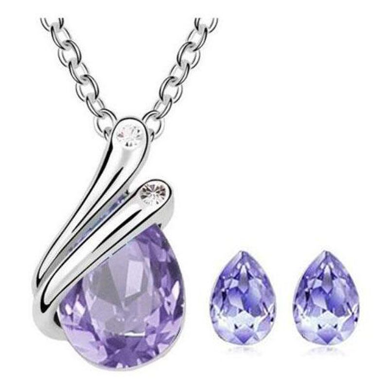 fashion 18K white gold plated pretty gem Crystal Necklace Earring Ring set