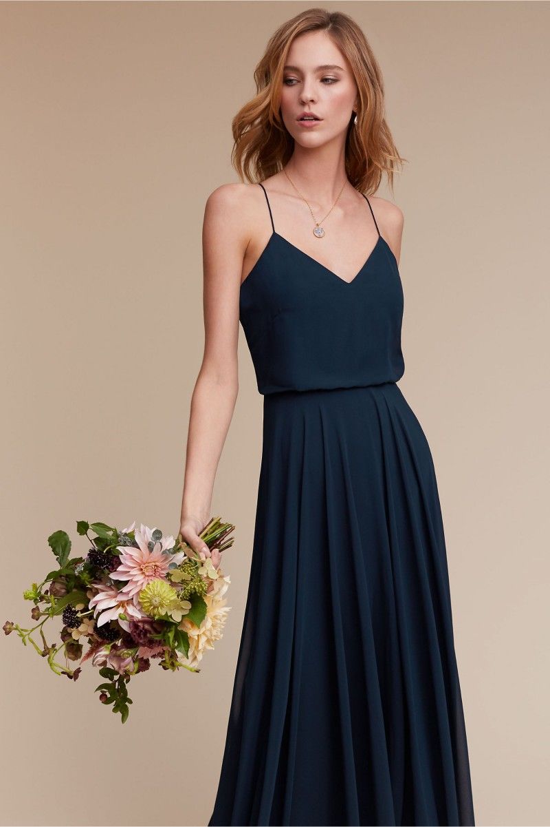 BHLDN Spaghetti Neckline Prom Dresses Long Simple Design Dark Navy ...