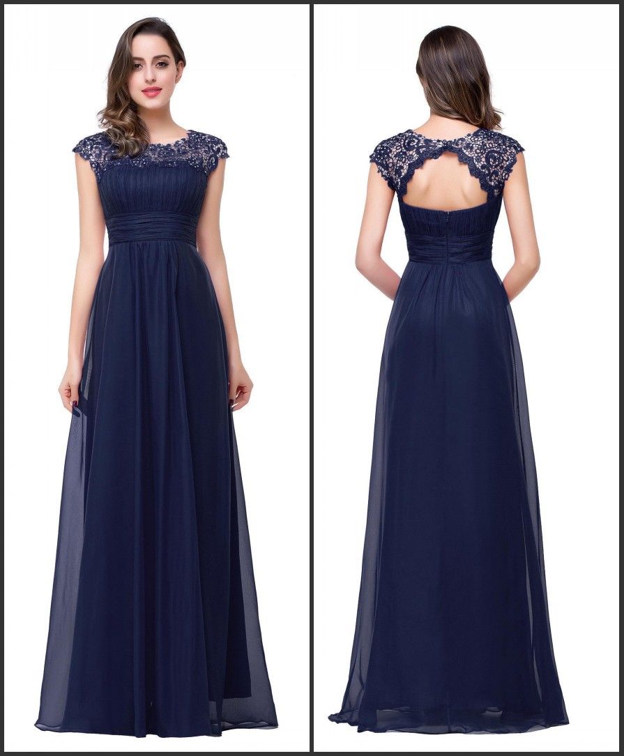 Cap Sleeve Navy Blue  Bridesmaid  Dresses  2019 Keyhold Back 