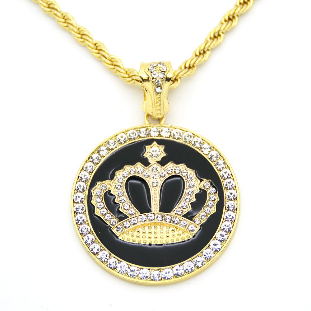 Whole Hip Hop Iced Out Golden Crystal Crown Pendant Necklace Whole Hip Hop Iced Out Golden Crystal Crown Pendant Necklace Rope Chain For Men Women High Quality Gold Circle Diamond Pendants