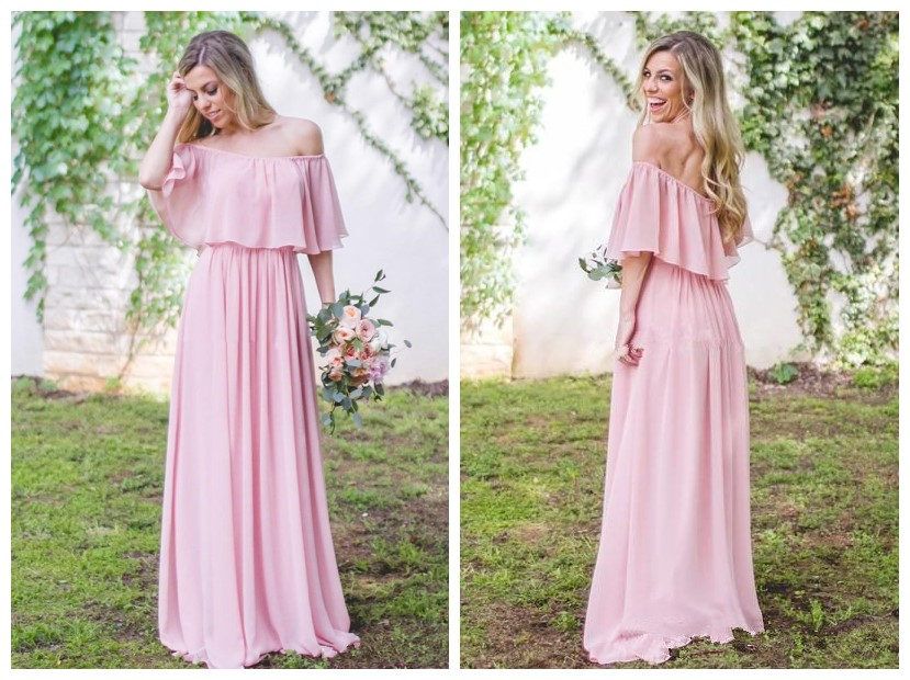 2019 Romantic Bohemian  Pink Chiffon A Line Long Bridesmaid  