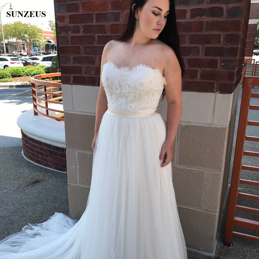 Acquista Abito Da Sposa Con Corpetto In Pizzo Con Perline Lungo Una Linea Sweetheart Senza Spalline Abiti Da Sposa In Tulle Abito Da Spiaggia Mariage A 150 59 Dal Sunzeusdress Dhgate Com