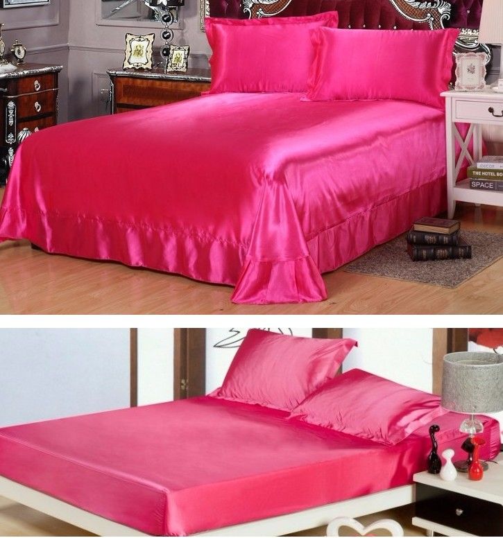 Hot Pink Bedding Satin Silk Sheets Flat Fitted Bed Sheet Bedspreads Hot Pink Bedding Satin Silk Sheets Flat Fitted Bed Sheet Bedspreads Linens California King Queen Size Full Twin Comforter Cover From