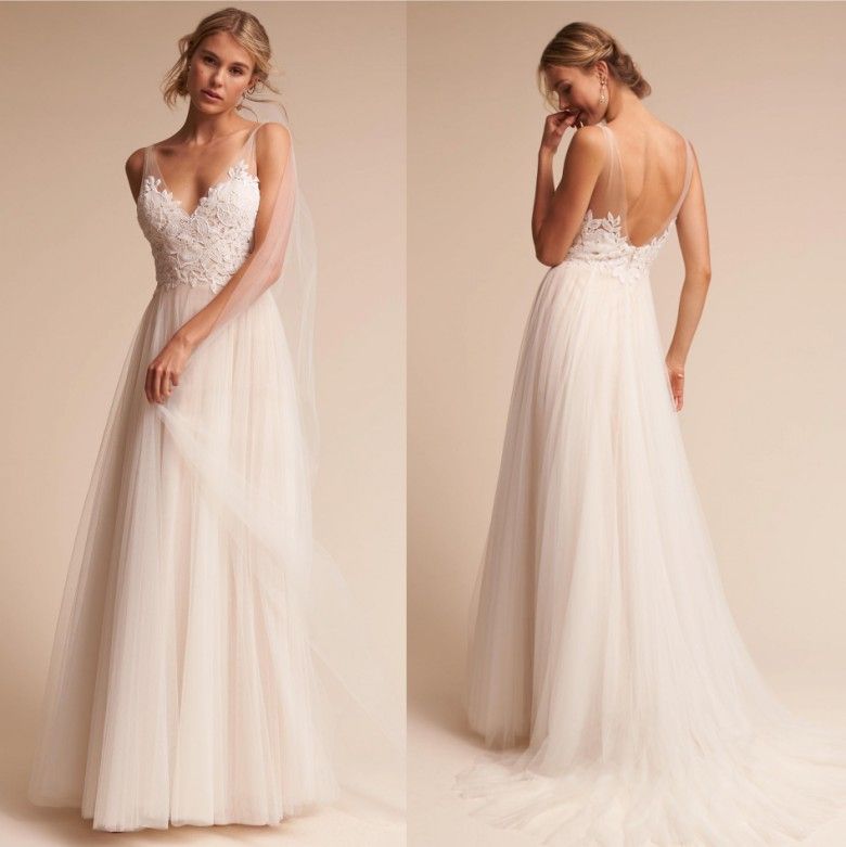 Discount Newest Ivory Lace Tulle Beach Wedding Dresses A Line V Neck