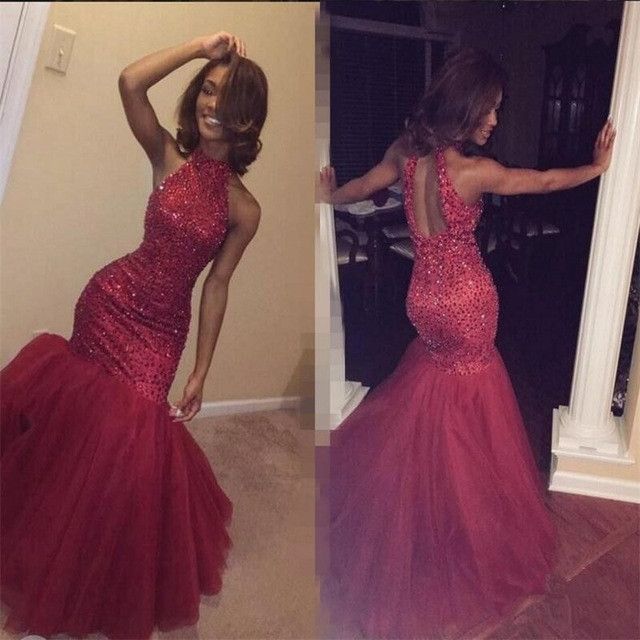 red fitted mermaid prom dress