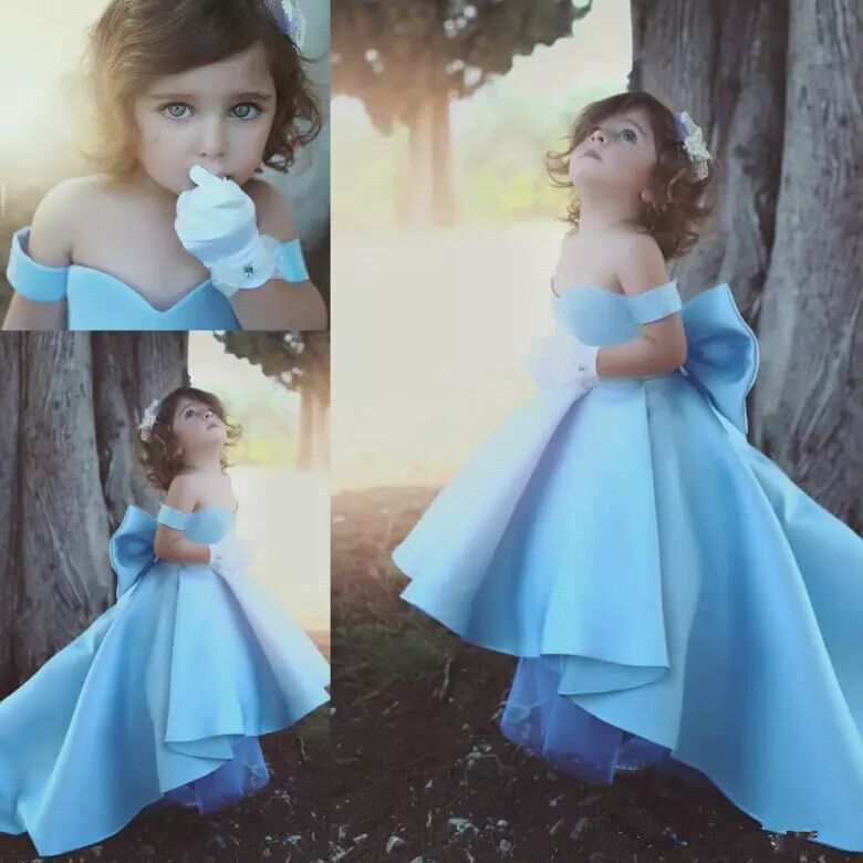 Cute Baby Blue Flower Girls Dress With Big Bow High Low Sweetheart A Line Kids Gowns Off
