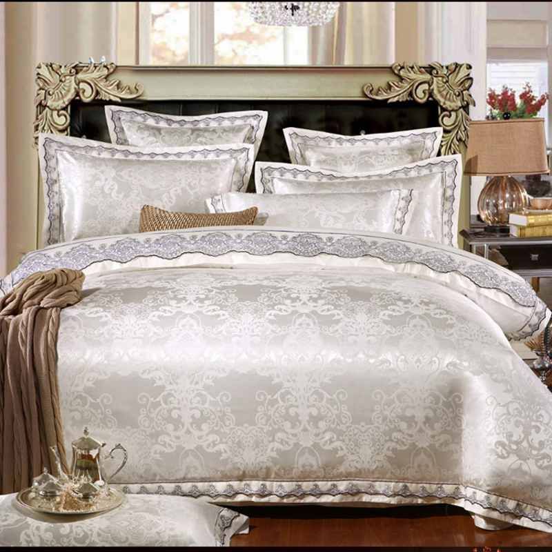 4/White Jacquard Silk Cotton Luxury Bedding Set King Size Queen Bed Set
