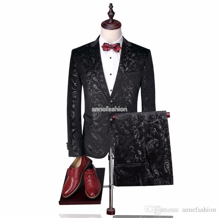 Men Black Paisley Tuxedo Suit Slim Fit Fashion Brand Velvet Wedding