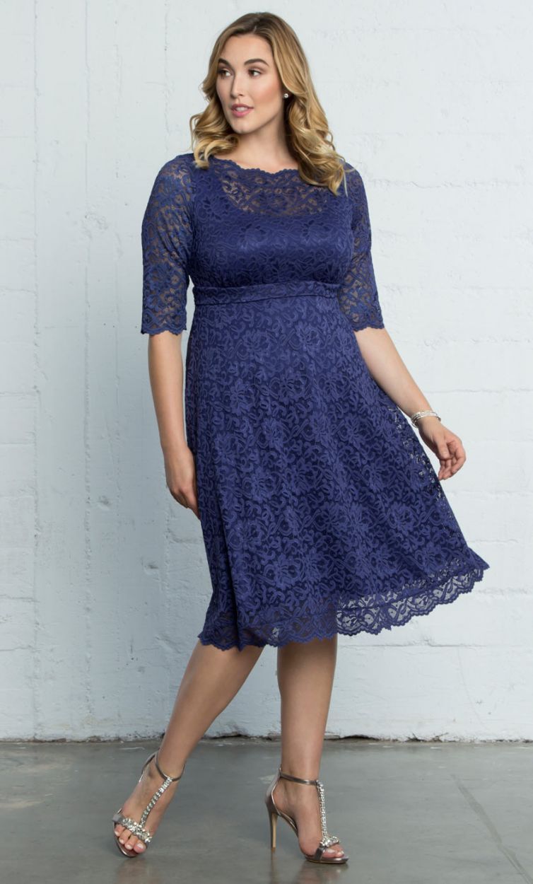 Navy Blue Plus Size Lace Formal Dresses With Half Sleeves Sheer Bateau ...