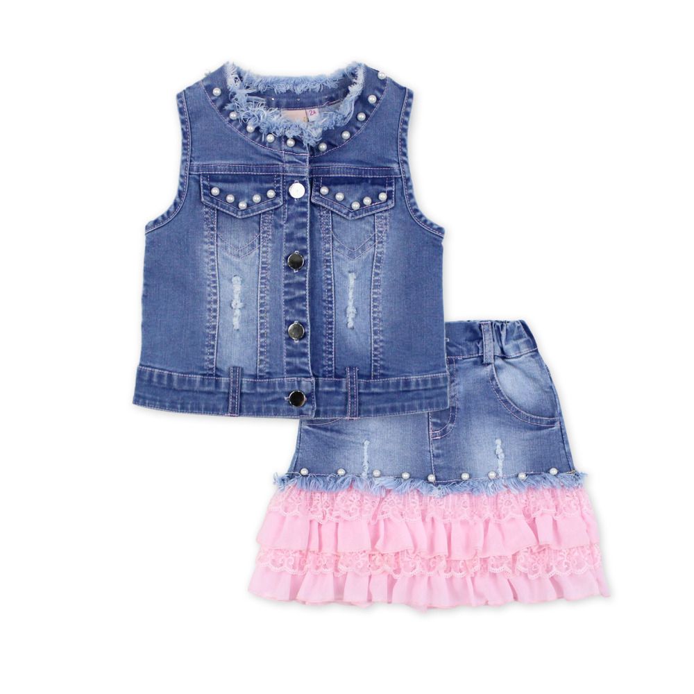 baby pink denim skirt and jacket