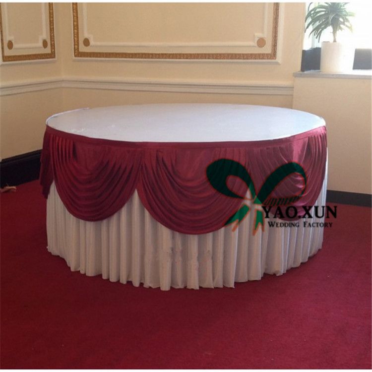Round White Color Ice Silk Table Skirt With Swags For Wedding Decoration