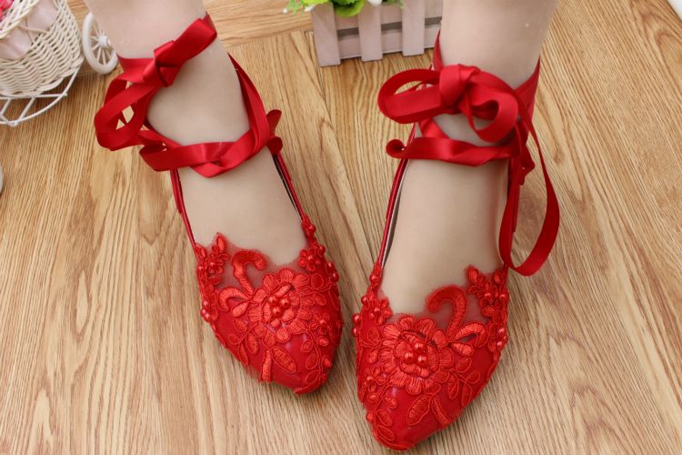 Lace Wedding Shoes Ballerina Flat Ankle Tie Ribbon Bow Lovely Pearl Lace Flower Embroidery Bridesmaid Shoes