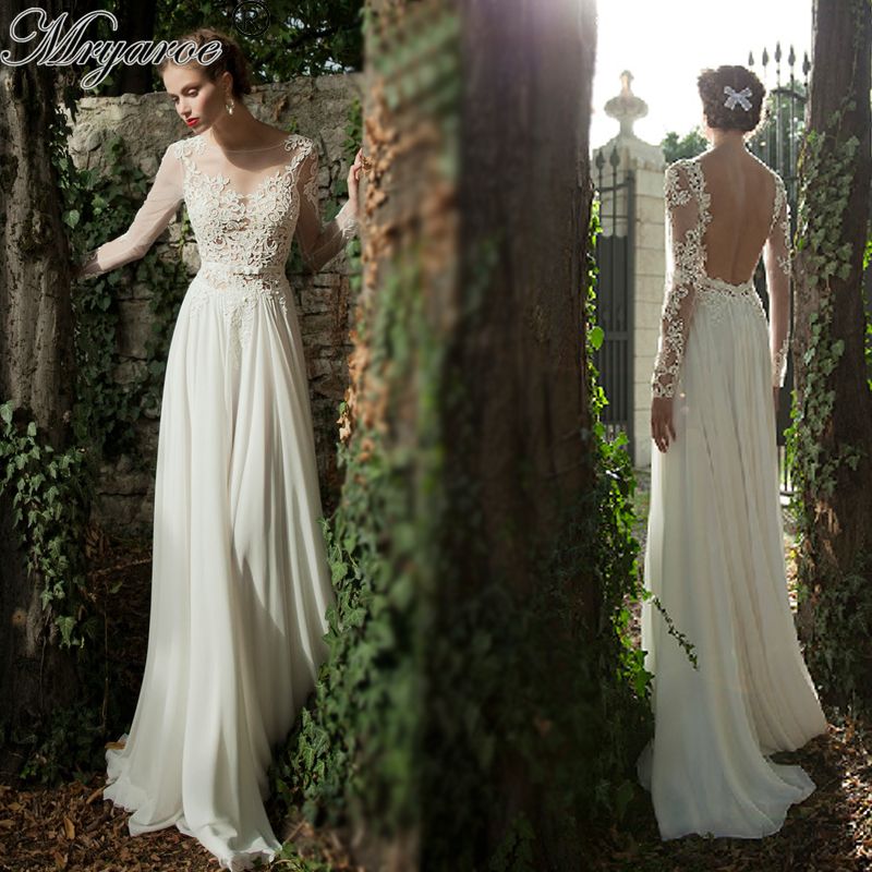 H254 chiffon lace deep v neck long sleeves wedding gowns open back ...