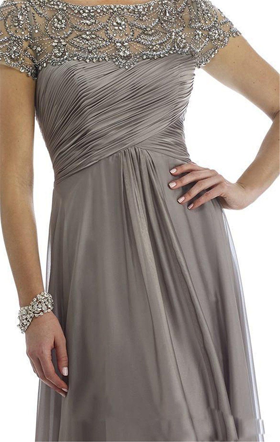 Cheap Beaded Mother Of The Bride Dresses Short Sleeve Jewel Neck Gowns