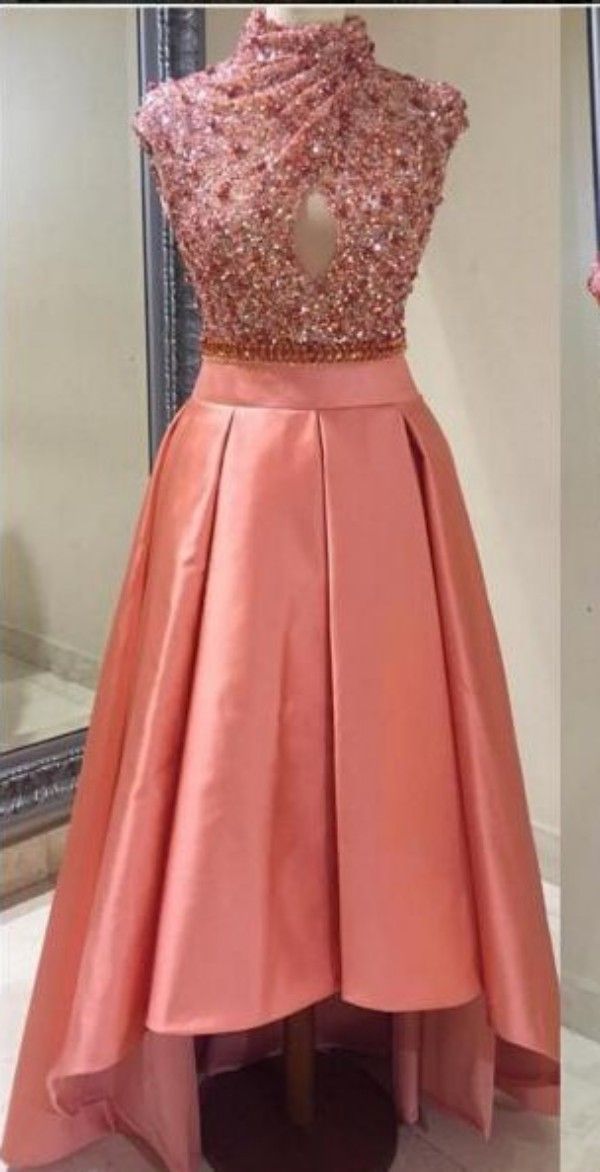Vestidos De Cerimónia Salmão Cor Alta Baixa Vestidos De Baile De Alta Neck Capped Sem Mangas Cristais Lantejoulas Top Prom Vestido Cortado Evening Party Vestidos Formais Roupas De Festa De Casamento De
