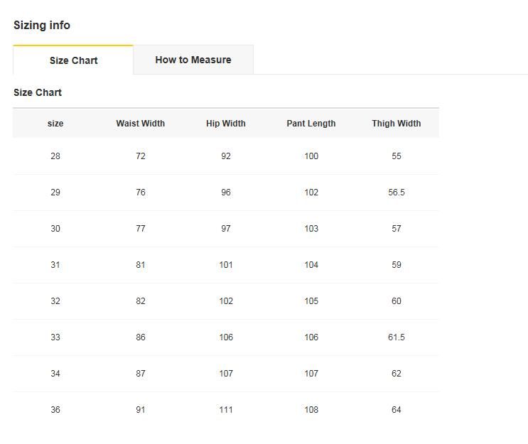 Young Mens Jeans Size Chart