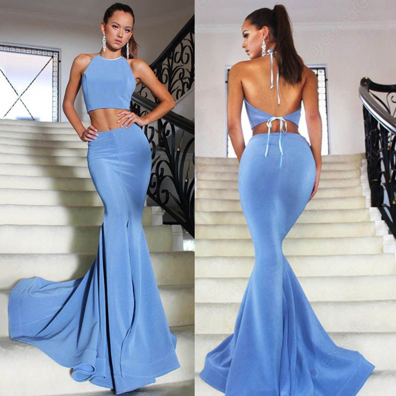 Ocean Blue Two Piece Prom Dresses 2017 Sexy Backless Halter