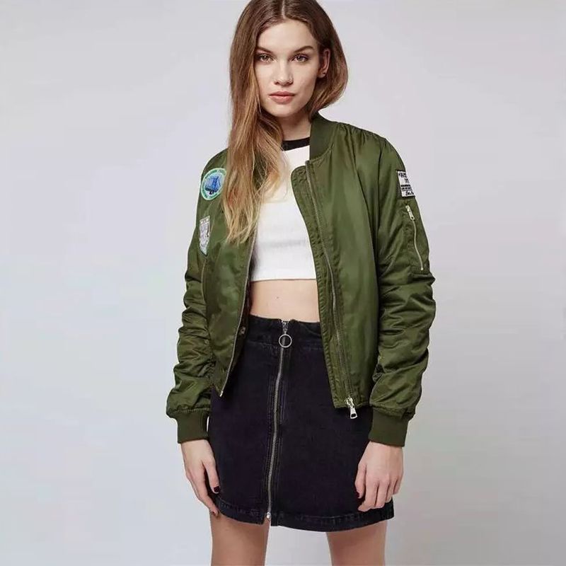 Whole Retro Style Olive Green Bruce Patch Detail Ma1 Er Jacket Edged With Tonal Ribbed Trim Women Pilot Cosplay Outfits Coat