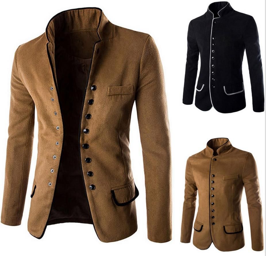 2021 Wool Blends Blazer Suits Men Stand Collar Single Breasted Flanger Design 2017 Two Pockets