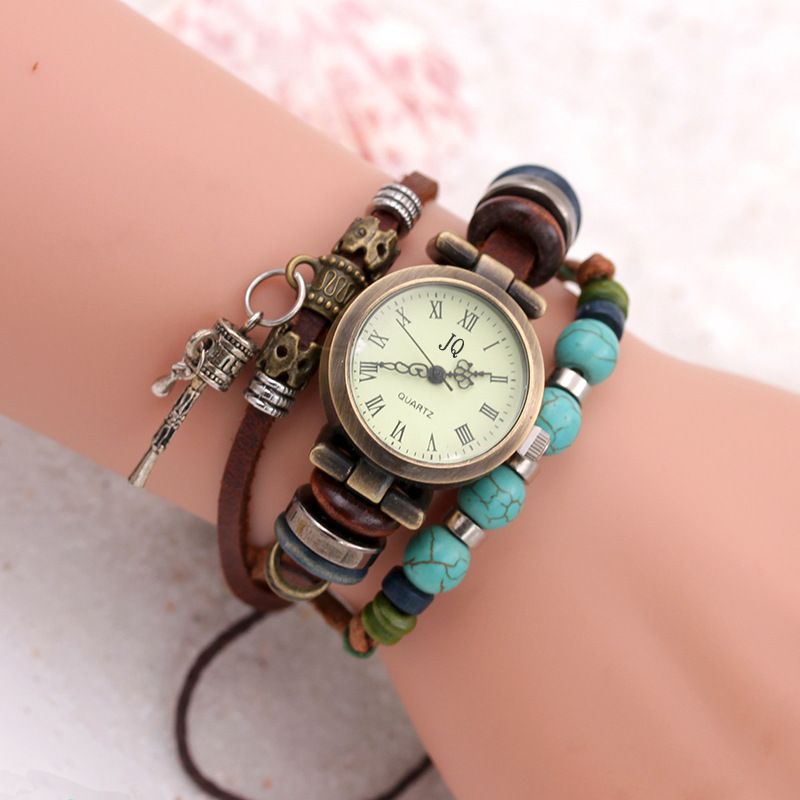 Watches For Women PU Leather Strap Bracelets With Beads Pendant Womens Watch Quartz Movement