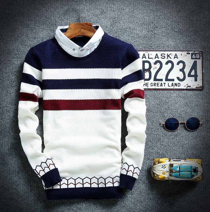 New Fashion Men Sweaters Fake Two Piece Casual Pullovers