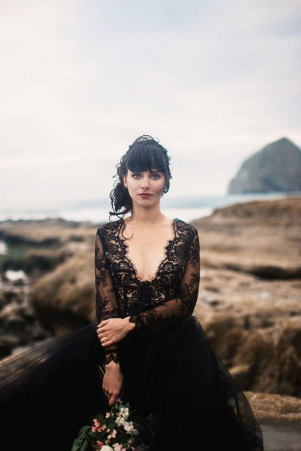black beach wedding dress with deep v-neck