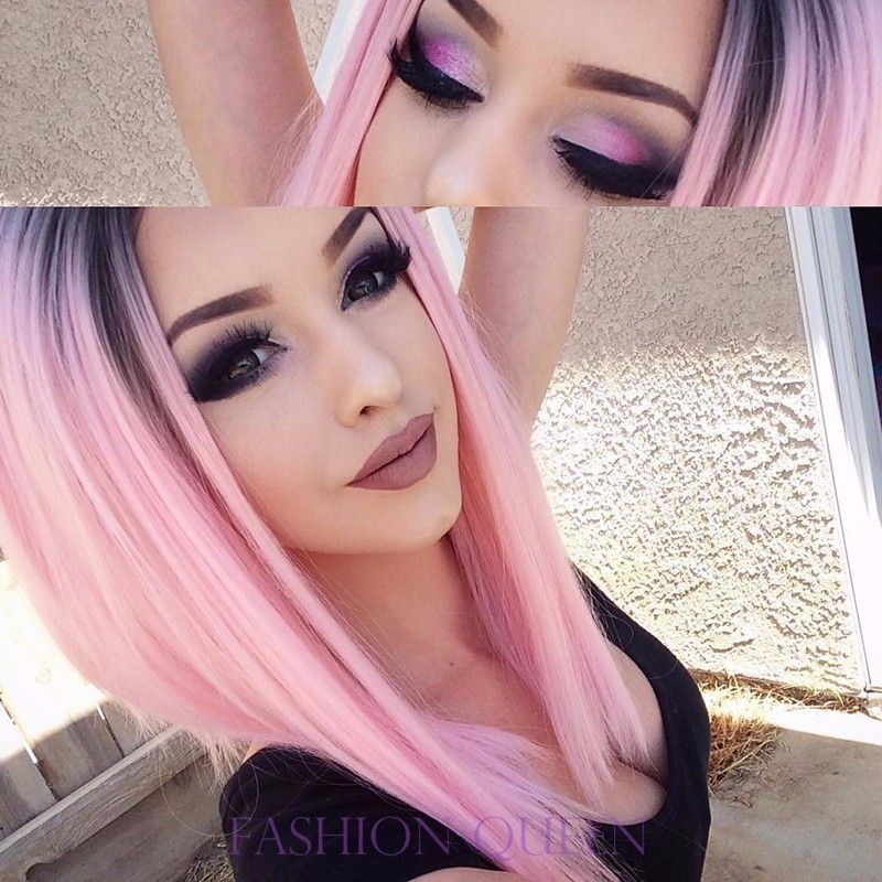 Dark Black Root Pink Synthetic Lace Front Wig 10 16 Inch ...