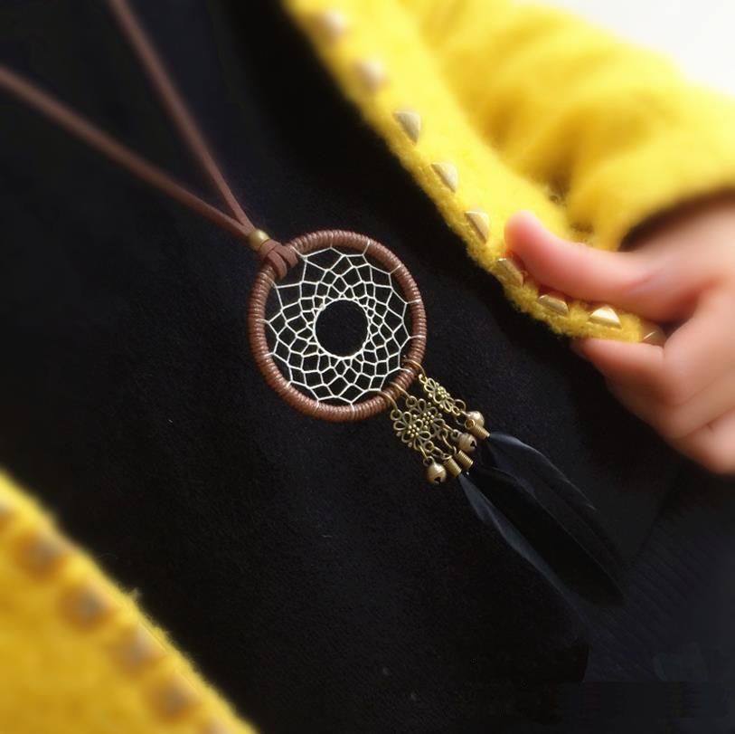 Brown Necklace DREAM CATCHER Circle Handmade Craft feather Charm Cool Leather