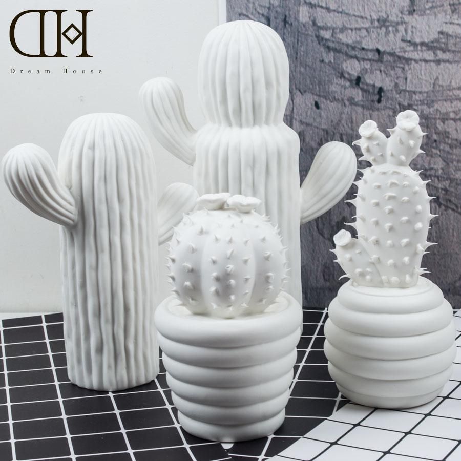 Dh Modern White Ceramic  Cactus Ornament For Home Decor  