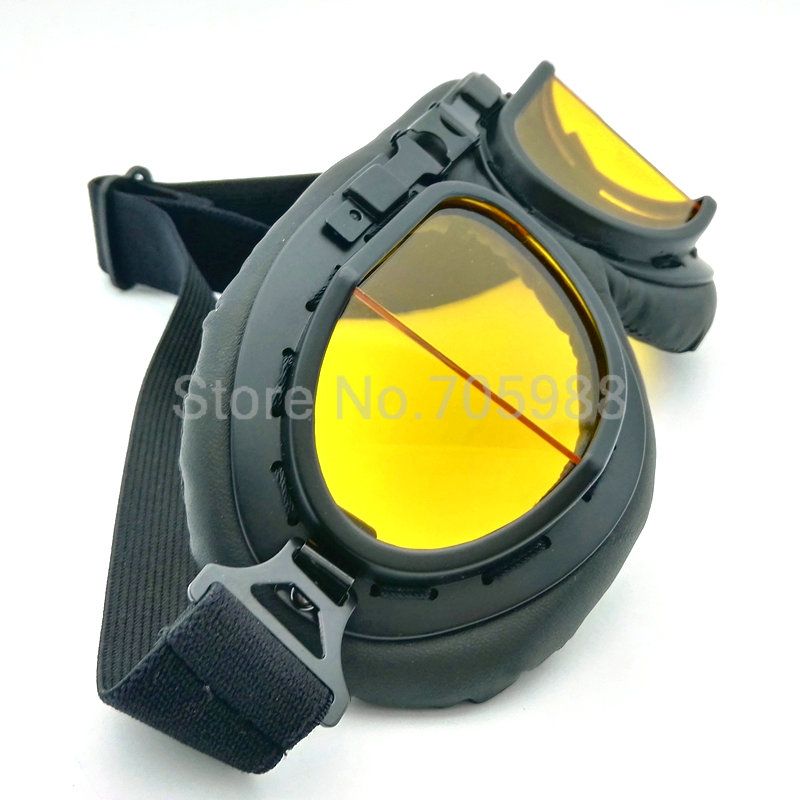 AMBER LENS WWII RAF VINTAGE PILOT MOTORCYCLE BIKER CRUISER HELMET BLACK ...