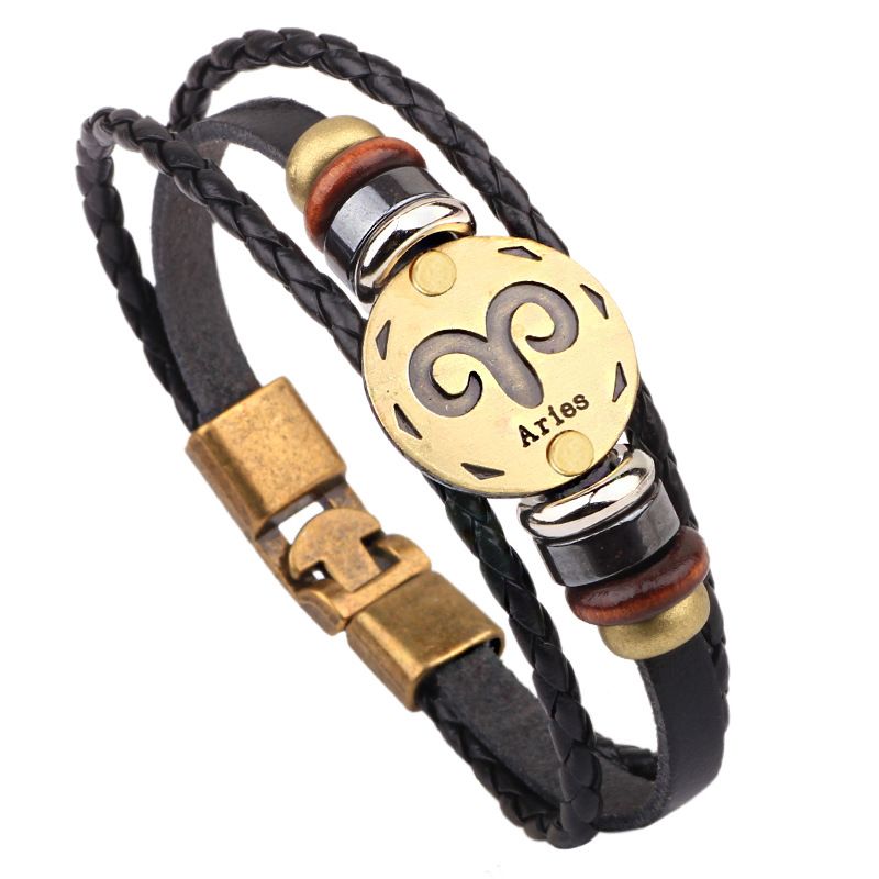 Wholesale 12 Zodiac Signs Bracelets Hot Vintage Unisex Leather Cuff Bracelets Fashion Jewelry