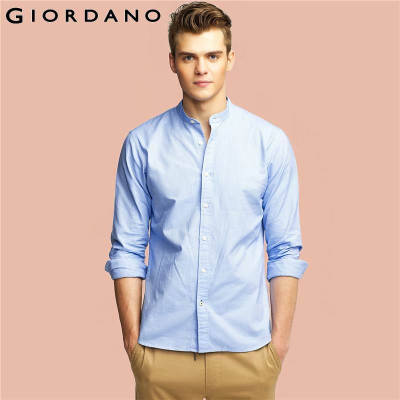 Wholesale- Giordano Men Oxford Shirt Collor Stand Camisas Masculinas ...