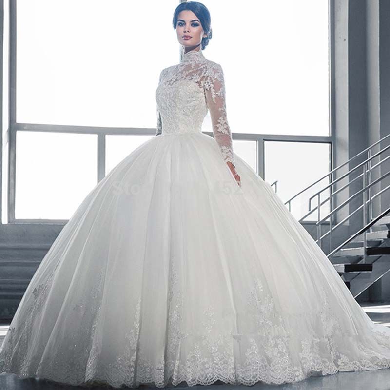 Grosshandel Hochzeitskleid Weiss Ballkleid Hochzeitskleid Spitze Sheer Halsausschnitt Langarm Tull Brautkleider Vestido De Casamento Von Bridallee 100 62 Auf De Dhgate Com Dhgate