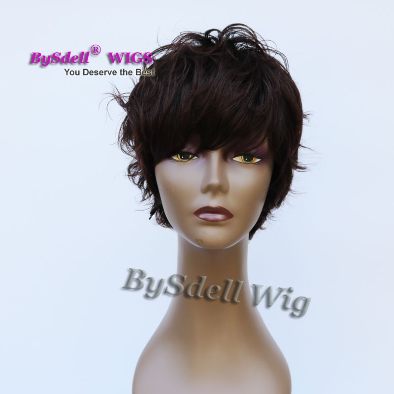 New African American Women Short Hairstyle Wig Synthetic Blaco Or Dark Brown Color Wig Pixie Cut Short Curly Hair Full Wigs For Male Peruca Freetress