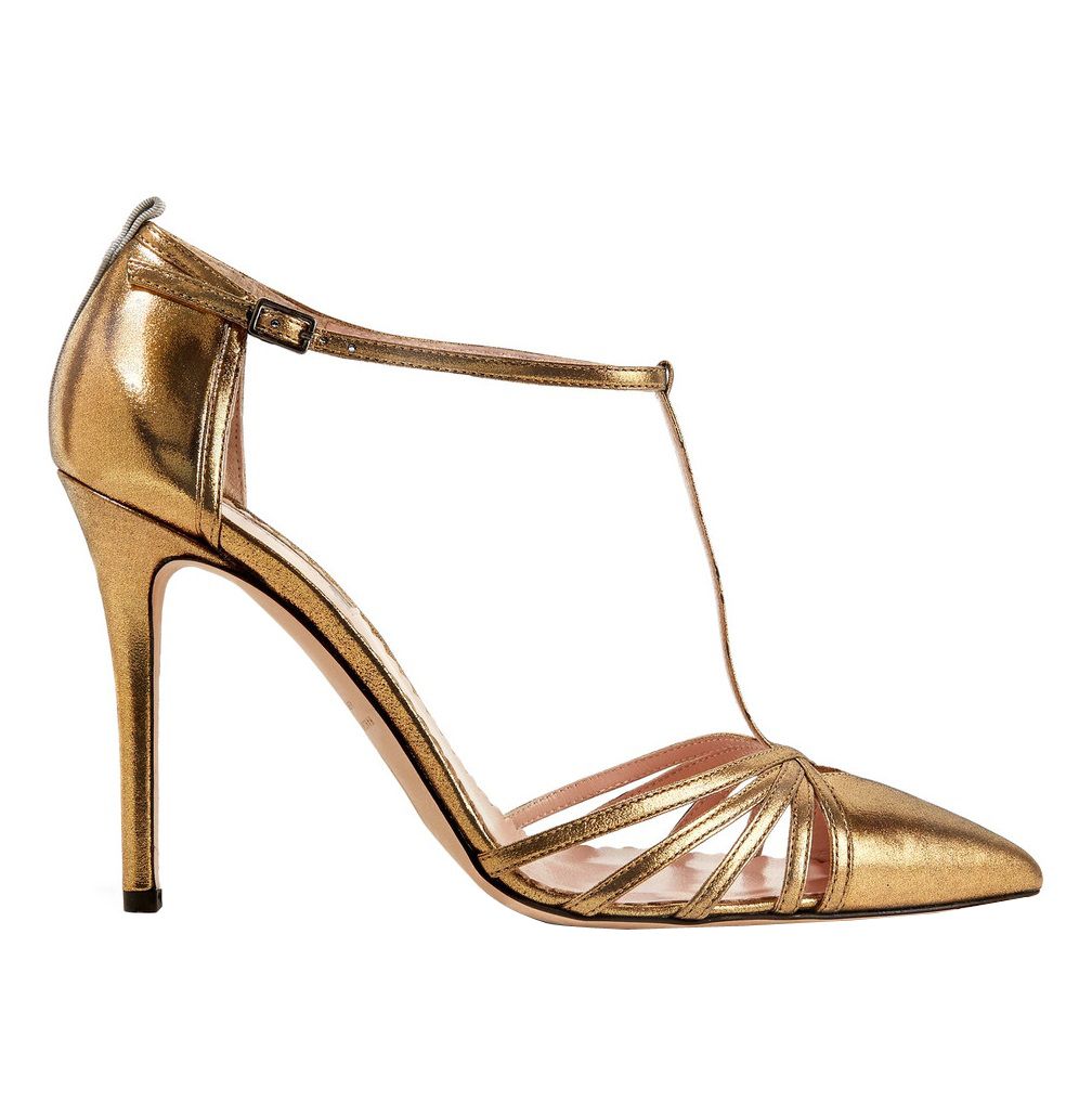 gold t strap pumps