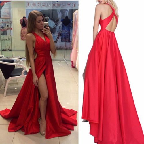 Compra Sexy Vestido Rojo De Baile Con Cuello En V Vestidos De Noche De  Tafetán 2017 Nuevo Cuello En V Fuera Del Hombro Hendidura Lateral Vestidos  De Baile Barato | Entrega Rápida