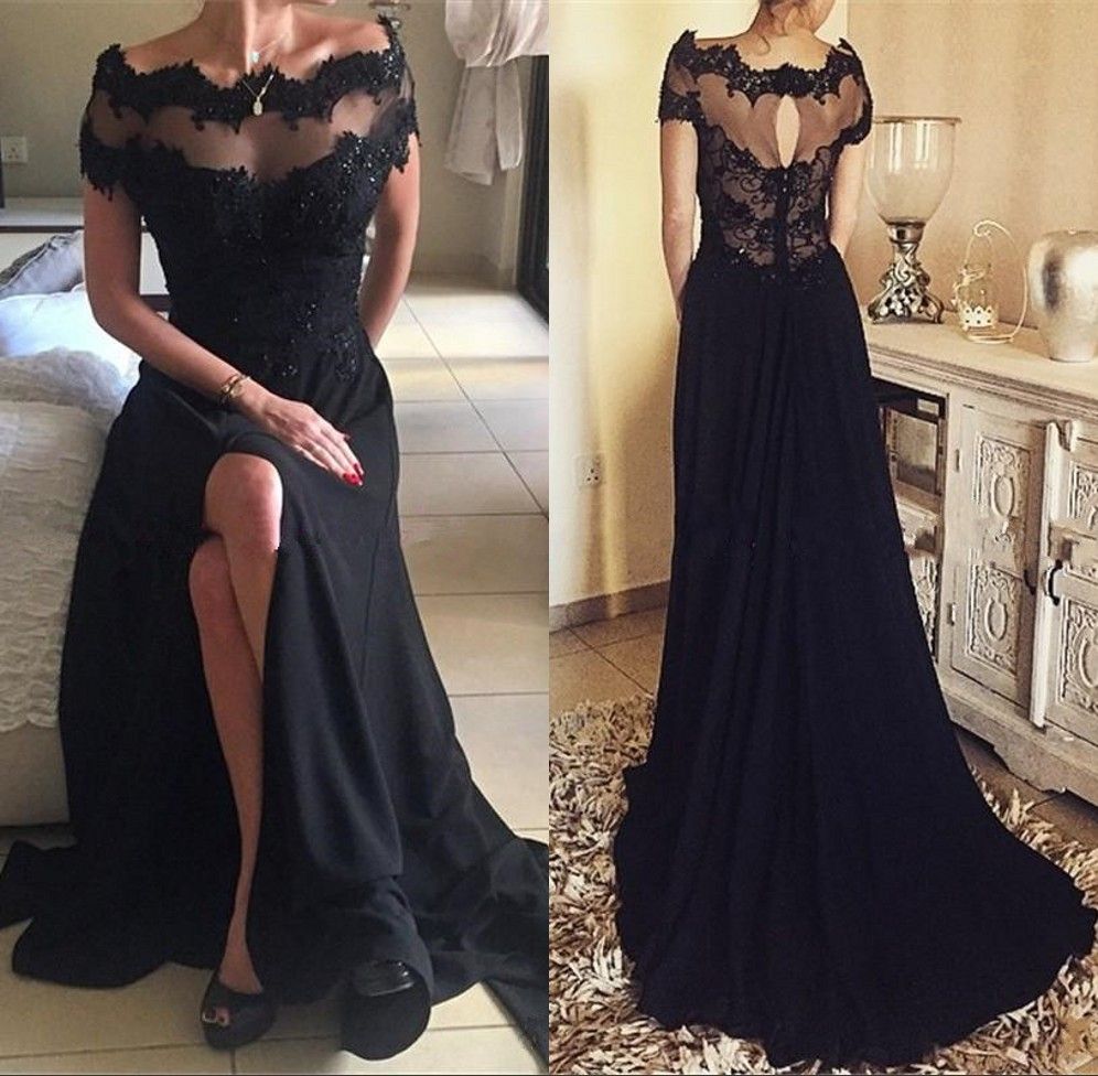 2017 Gothic Black Vintage Lace Prom Party Dresses A Line Bateau Short Sleeve Side Split Plus Size Long Chiffon Formal Evening Gowns High School 2017 Gothic Black Vintage Lace Prom Party Dresses A Line Bateau Short Sleeve Side Split Plus Size Long Chiffon Formal Evening Gowns High School
