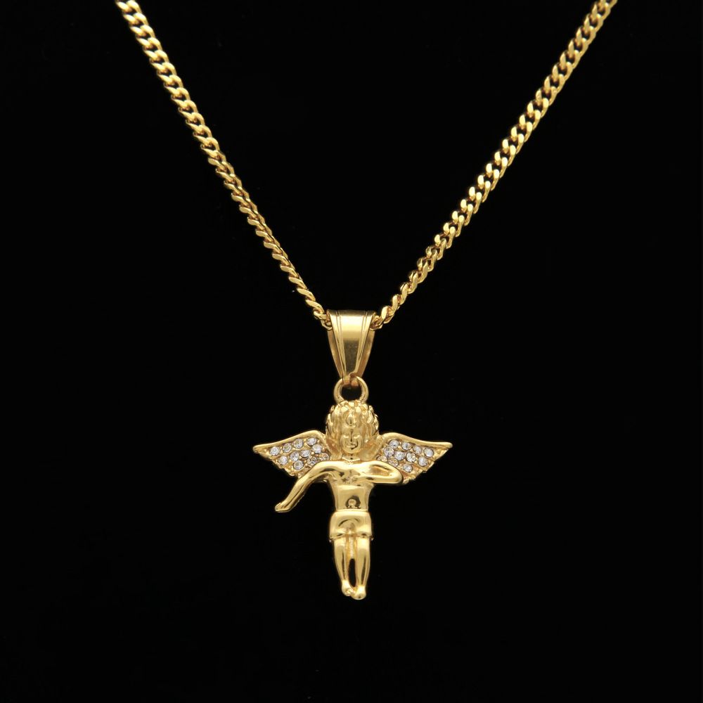 Whole Iced Out Micro Angel Pendant Necklace Gold Plated Stainess Whole Iced Out Micro Angel Pendant Necklace Gold Plated Stainess Steel 24 Cuba Chain Hip Hop Jewelry Pearl Chunky Necklaces From