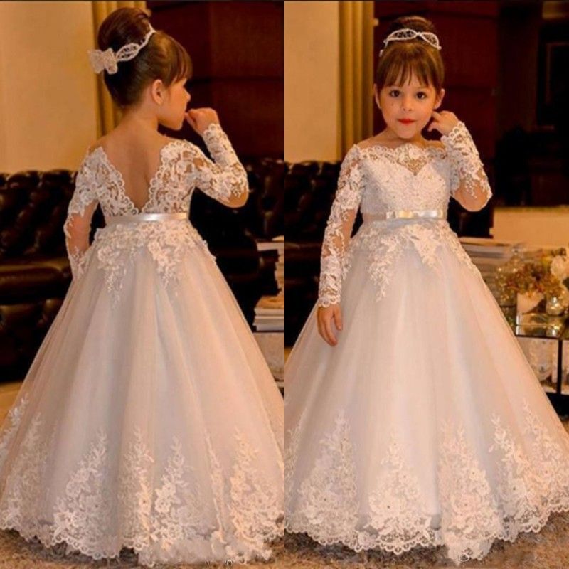 Cute Lace Kids  Wedding  Dresses  Long Sleeve V Backless 