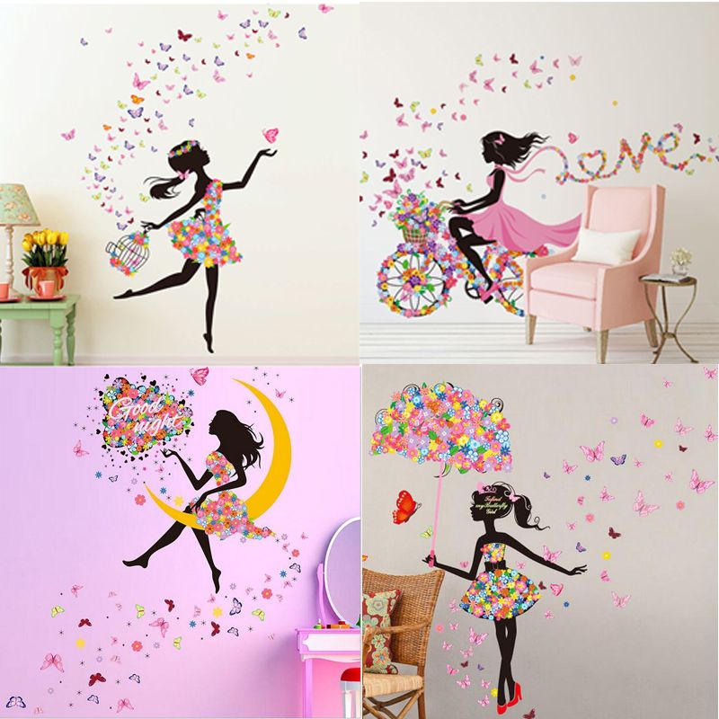 beautiful girl fairy butterfly flowers wall stickers background