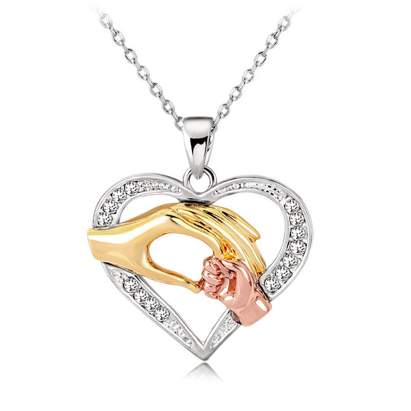 Nouveau mode 18K or argent maman bébé main dans la main amour coeur pendentif collier avec cristal strass cadeau bijoux en gros