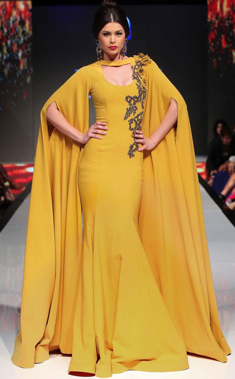 2017 Arabic Evening Dresses With 3D Florals Beaded Long Formal Yellow