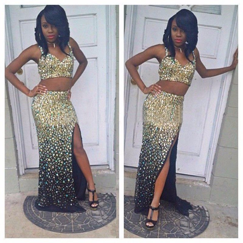 Black And Gold Two Piece Prom Dress 