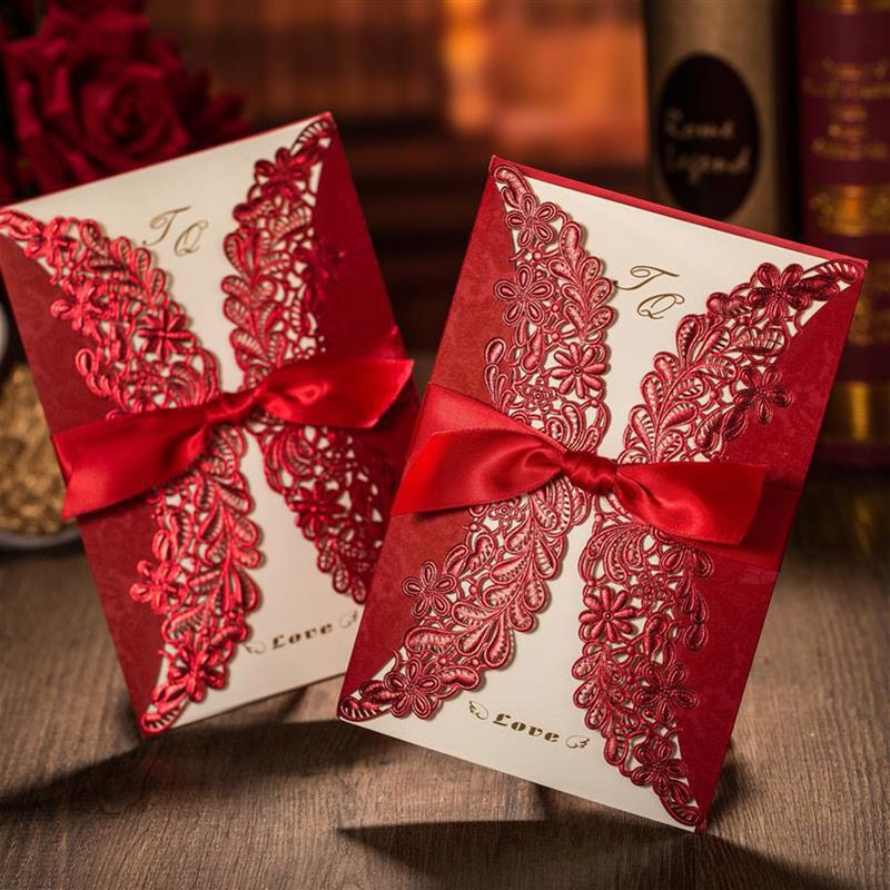 Wedding invitations lace red laser cut invitation party gorgeous cards trends wholesale print bow vintage catchy look ribbon blue pouted Red Lace Flower With Ribbon Wedding Invitations Elegant Laser Cut