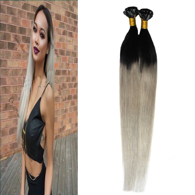 T1b Silver Gray Hair Extensions 100s Human Hair Fusion Extensions