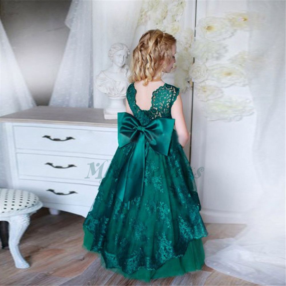Long Green Lace Appliques Flower Girl Dresses For Weddings Pageant