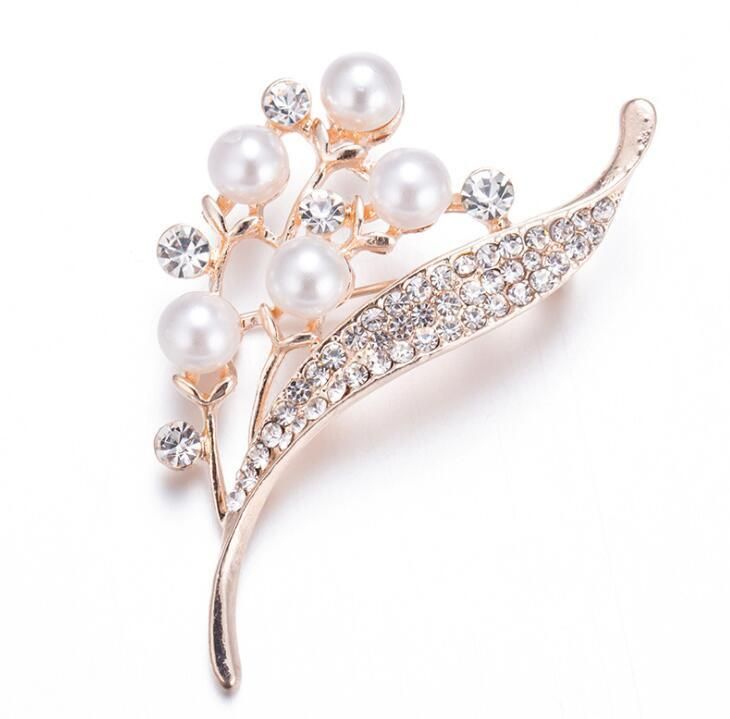 Luxury Pearl Crystal Brooches Rose Golden Rhinestone Wedding Brooch